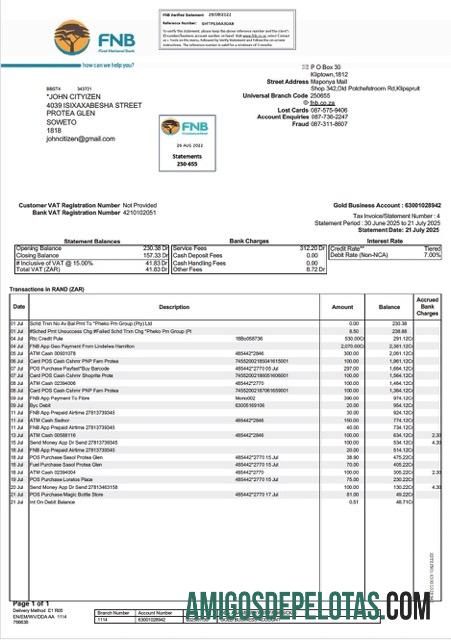 Modelo Word e PDF para download do extrato bancário do FNB da África do Sul